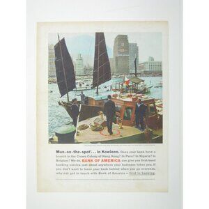 Vintage 1960s Bank Of America Print Ad Kowloon Hong Kong Harbor Scene Boats
